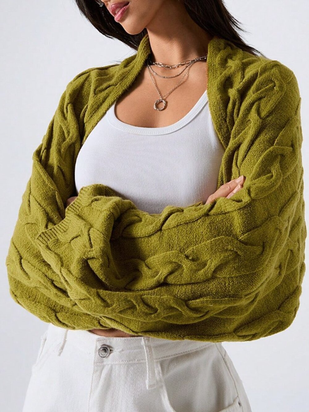 Green Casual Women's Cropped Long Sleeve Knitted Cardigan